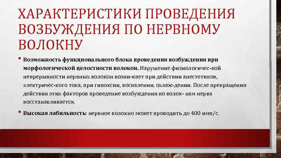 ХАРАКТЕРИСТИКИ ПРОВЕДЕНИЯ ВОЗБУЖДЕНИЯ ПО НЕРВНОМУ ВОЛОКНУ • Возможность функционального блока проведения возбуждения при морфологической