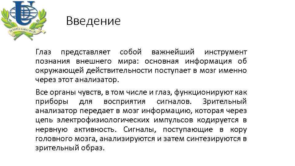 Введение Глаз представляет собой важнейший инструмент познания внешнего мира: основная информация об окружающей действительности