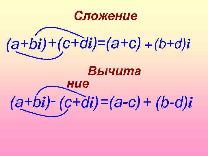 Сложение +(c+di)=(a+c) + (b+d)i (а+bi) Вычита ние (а+bi)- (c+di) =(a-c) + (b-d)i 