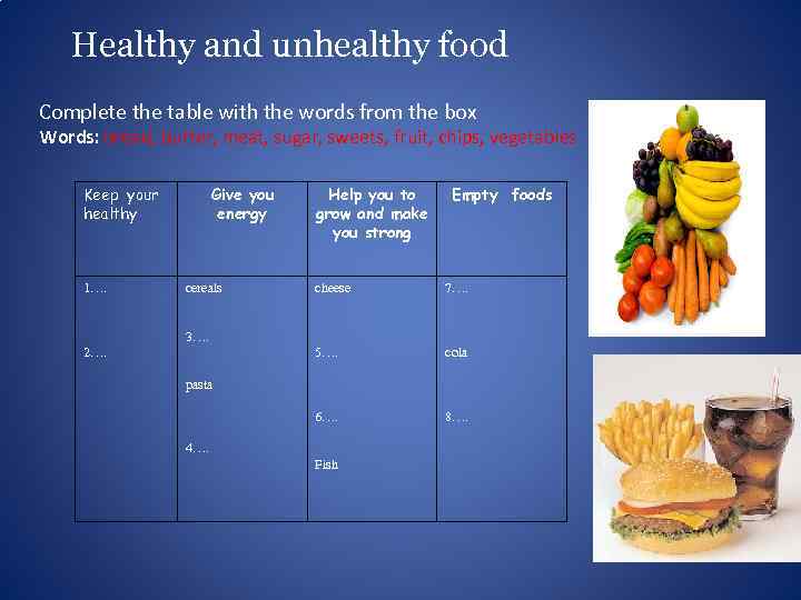 Healthy and unhealthy food Complete the table with the words from the box Words: