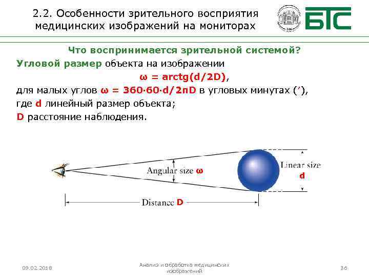 2. 2. Особенности зрительного восприятия медицинских изображений на мониторах Что воспринимается зрительной системой? Угловой