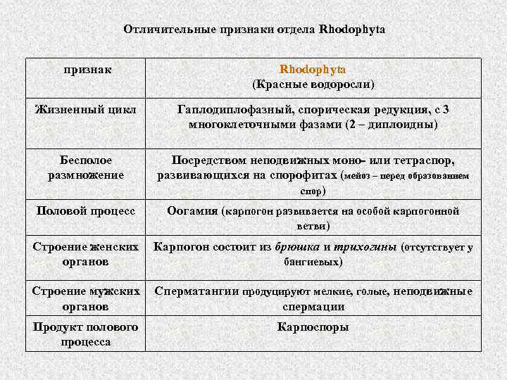 Отличительные признаки отдела Rhodophyta признак Rhodophyta (Красные водоросли) Жизненный цикл Гаплодиплофазный, спорическая редукция, с