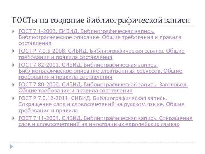 ГОСТы на создание библиографической записи ГОСТ 7. 1 -2003. СИБИД. Библиографическая запись. Библиографическое описание.