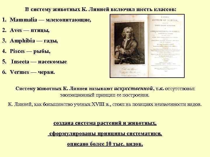 В систему животных К. Линней включил шесть классов: 1. Mammalia — млекопитающие, 2. Aves