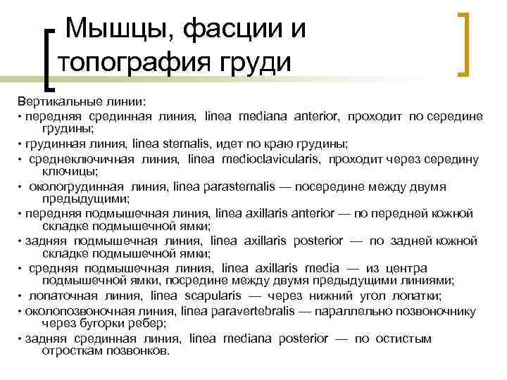 Мышцы, фасции и топография груди Вертикальные линии: • передняя срединная линия, linea mediana anterior,