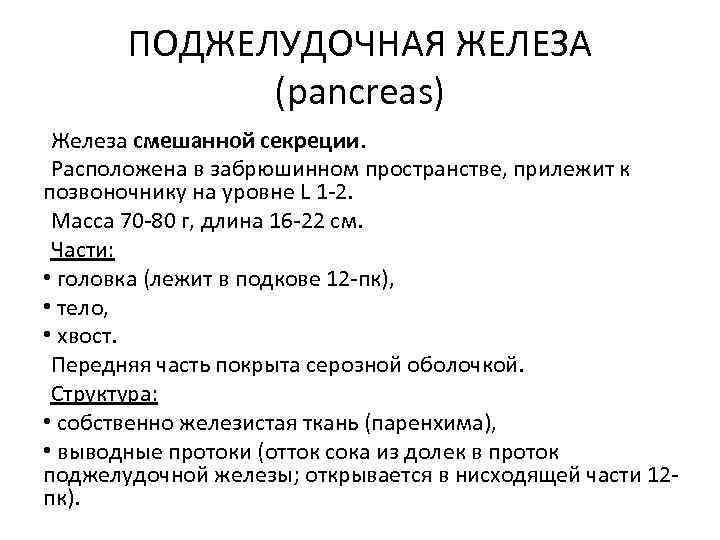 ПОДЖЕЛУДОЧНАЯ ЖЕЛЕЗА (pancreas) Железа смешанной секреции. Расположена в забрюшинном пространстве, прилежит к позвоночнику на