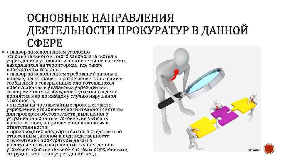 § • надзор за исполнением уголовно- исполнительного и иного законодательства в учреждениях уголовно-исполнительной системы,