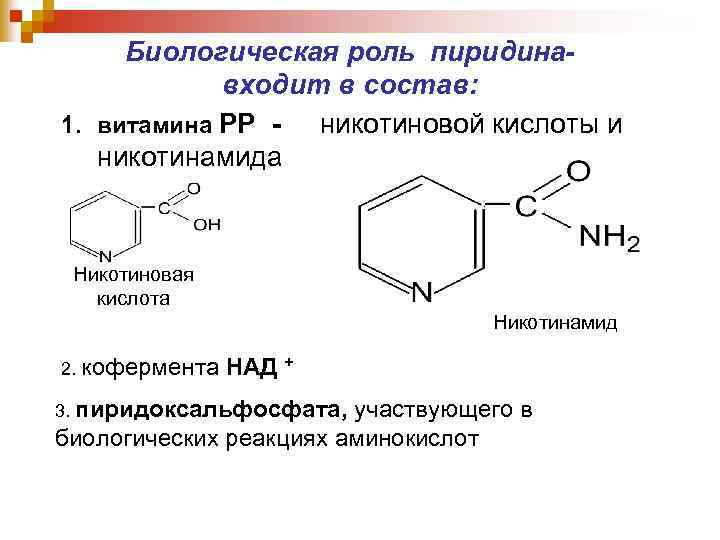 Биологическая роль пиридинавходит в состав: 1. витамина РР никотиновой кислоты и никотинамида Никотиновая кислота