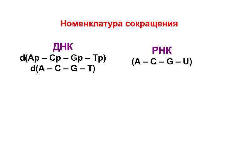 Номенклатура сокращения ДНК d(Ap – Cp – Gp – Tp) d(A – C –