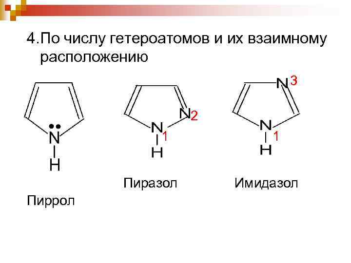 4. По числу гетероатомов и их взаимному расположению 3 2 1 Пиразол Пиррол 1