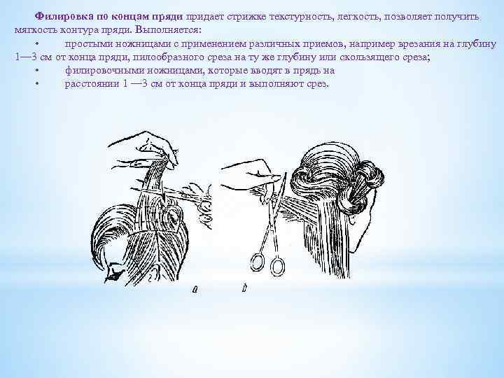 Филировка по концам пряди придает стрижке текстурность, легкость, позволяет получить мягкость контура пряди. Выполняется: