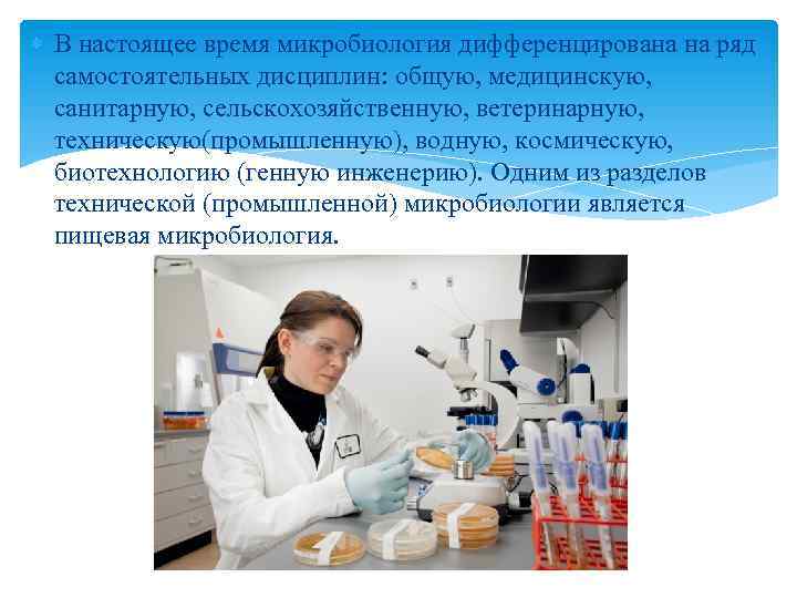  В настоящее время микробиология дифференцирована на ряд самостоятельных дисциплин: общую, медицинскую, санитарную, сельскохозяйственную,