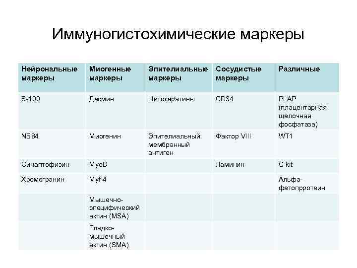 Иммуногистохимические маркеры Нейрональные маркеры Миогенные маркеры Эпителиальные маркеры Сосудистые маркеры Различные S-100 Десмин Цитокератины