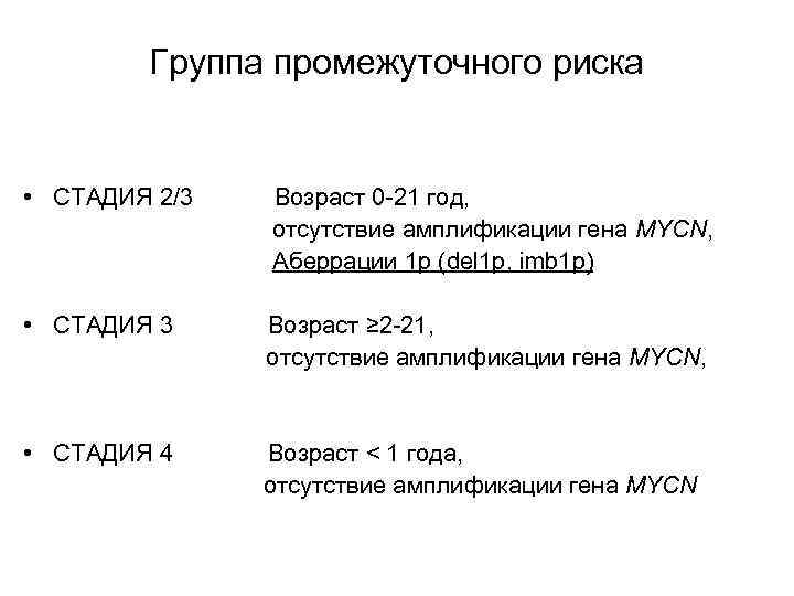 Группа промежуточного риска • СТАДИЯ 2/3 Возраст 0 -21 год, отсутствие амплификации гена MYCN,