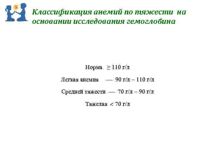Классификация анемий по тяжести на основании исследования гемоглобина Норма ≥ 110 г/л Легкая анемия