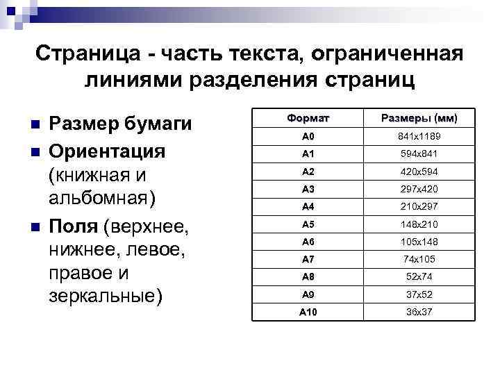 Страница - часть текста, ограниченная линиями разделения страниц n n n Размер бумаги Ориентация