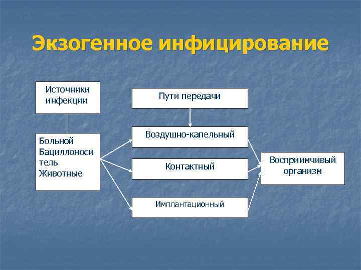 Экзогенное инфицирование Источники инфекции Больной Бациллоноси тель Животные Пути передачи Воздушно-капельный Контактный Имплантационный Восприимчивый