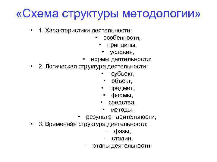  «Схема структуры методологии» • 1. Характеристики деятельности: • особенности, • принципы, • условия,