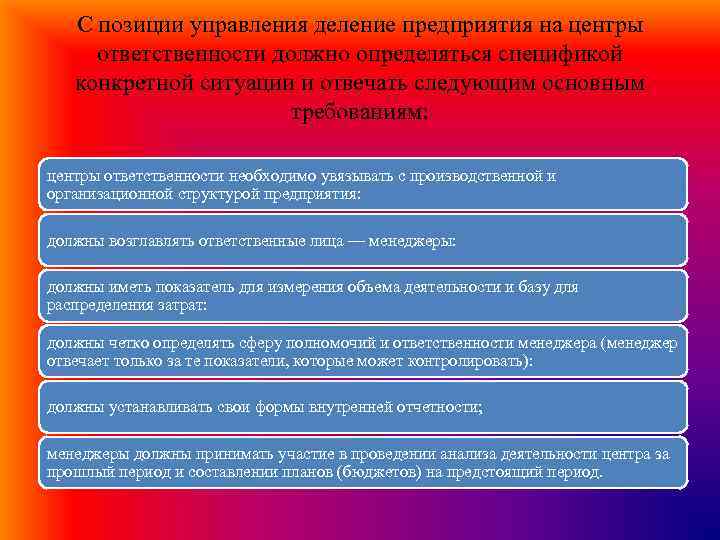 С позиции управления деление предприятия на центры ответственности должно определяться спецификой конкретной ситуации и