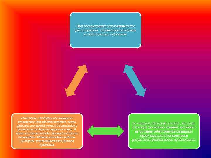 При рассмотрении управленческого учета в рамках управления расходами хозяйствующих субъектов, во вторых, необходимо учитывать