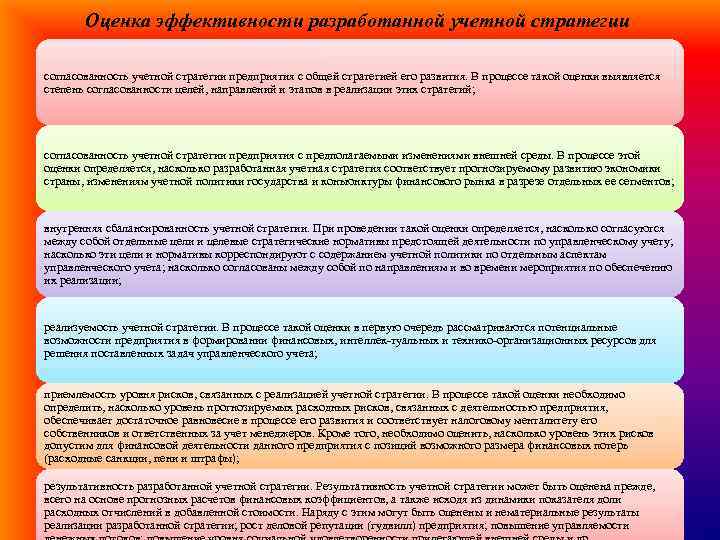 Оценка эффективности разработанной учетной стратегии согласованность учетной стратегии предприятия с общей стратегией его развития.