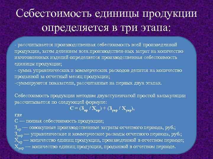 Себестоимость единицы продукции определяется в три этапа: рассчитывается производственная себестоимость всей произведенной продукции, затем