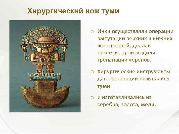 Хирургический нож туми Инки осуществляли операции ампутации верхних и нижних конечностей, делали протезы, производили