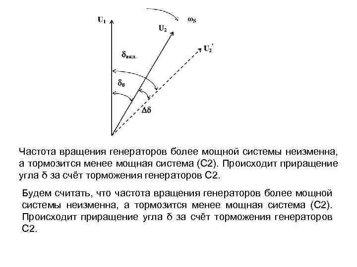Частота вращения генераторов более мощной системы неизменна, а тормозится менее мощная система (С 2).
