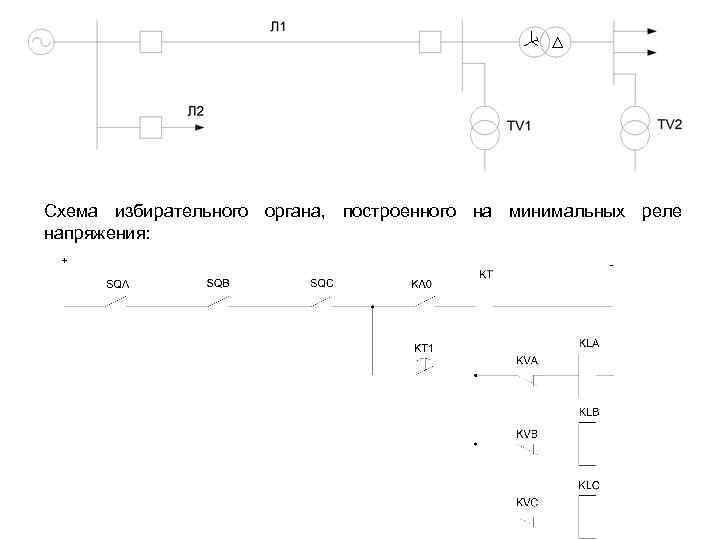 Схема избирательного органа, построенного на минимальных реле напряжения: 