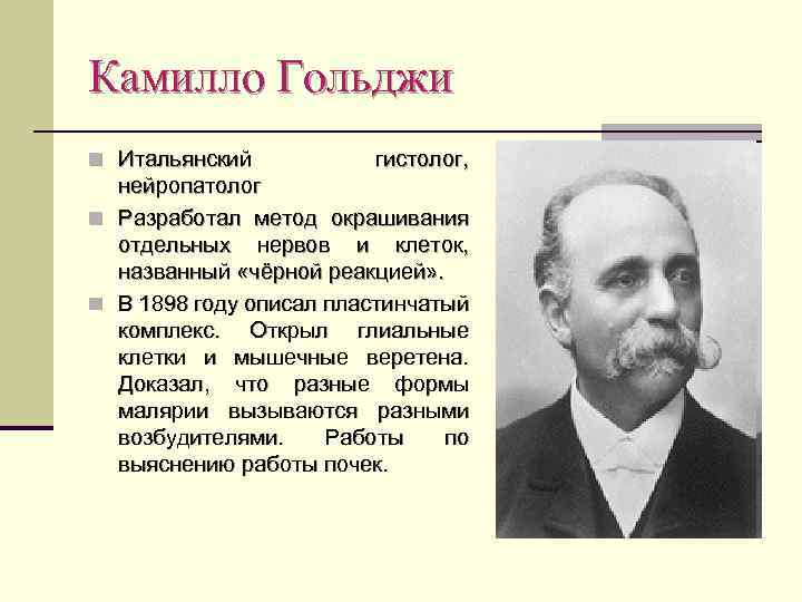 Камилло Гольджи n Итальянский гистолог, нейропатолог n Разработал метод окрашивания отдельных нервов и клеток,