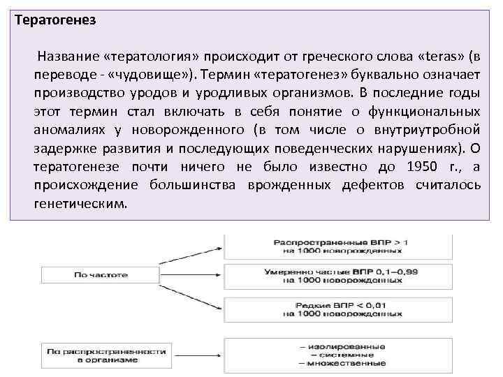 Тератогенез Название «тератология» происходит от греческого слова «teras» (в переводе - «чудовище» ). Термин