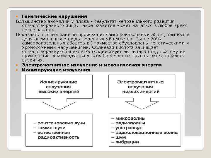 Генетические нарушения Большинство аномалий у плода - результат неправильного развития оплодотворенного яйца. Такое развитие