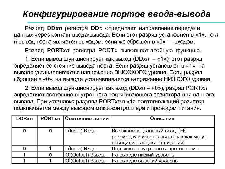 Конфигурирование портов ввода-вывода Разряд DDxn регистра DDx определяет направление передачи данных через контакт ввода/вывода.