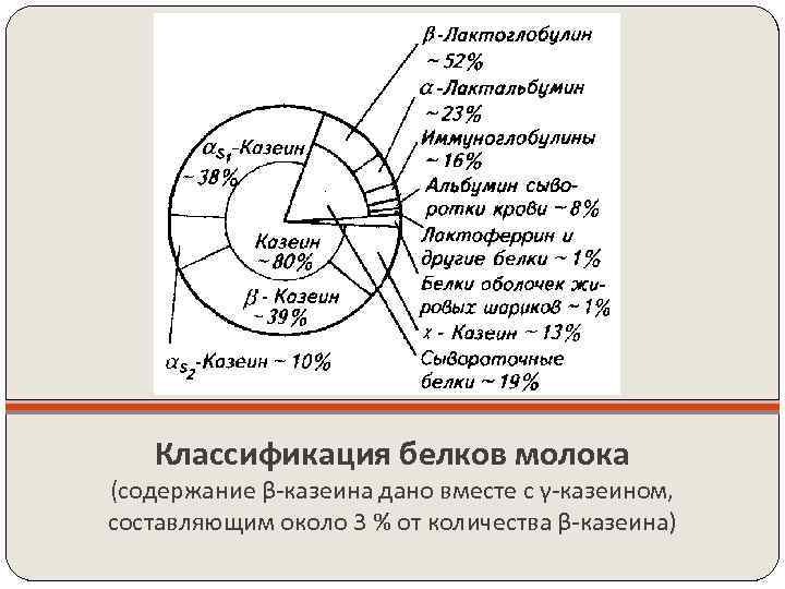 Классификация белков молока (содержание β-казеина дано вместе с γ-казеином, составляющим около 3 % от