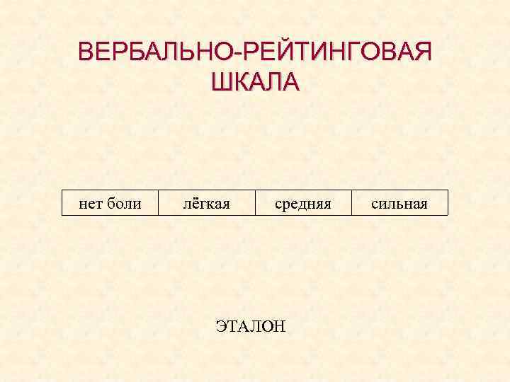 ВЕРБАЛЬНО-РЕЙТИНГОВАЯ ШКАЛА нет боли лёгкая средняя ЭТАЛОН сильная 