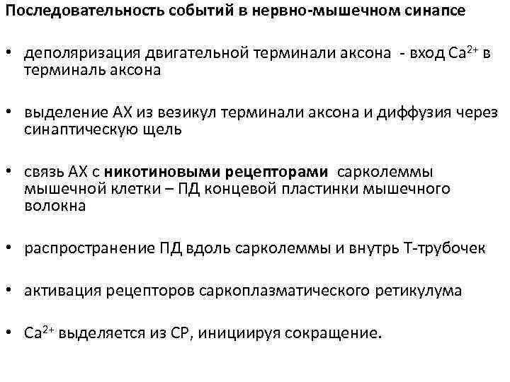 Последовательность событий в нервно-мышечном синапсе • деполяризация двигательной терминали аксона - вход Ca 2+