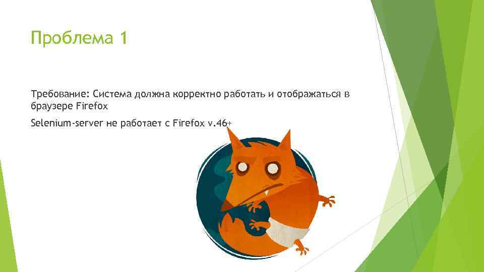 Проблема 1 Требование: Система должна корректно работать и отображаться в браузере Firefox Selenium-server не