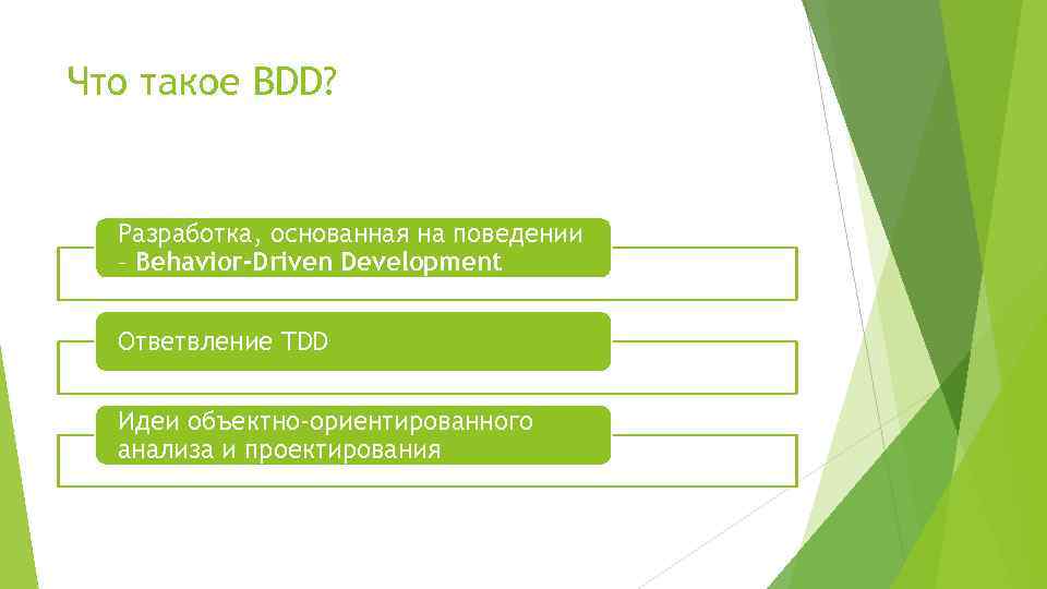 Что такое BDD? Разработка, основанная на поведении – Behavior-Driven Development Ответвление TDD Идеи объектно-ориентированного