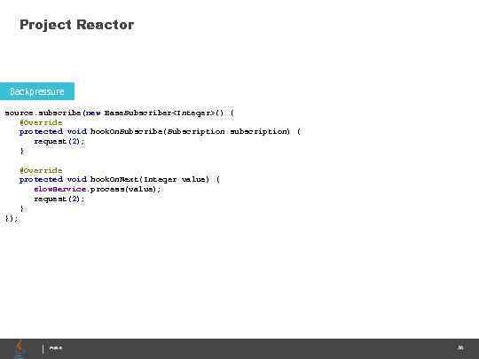 Project Reactor Backpressure source. subscribe(new Base. Subscriber<Integer>() { @Override protected void hook. On. Subscribe(Subscription
