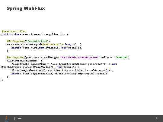 Spring Web. Flux @Rest. Controller public class Reactive. Service. Application { @Get. Mapping("/events/{id}") Mono<Event>