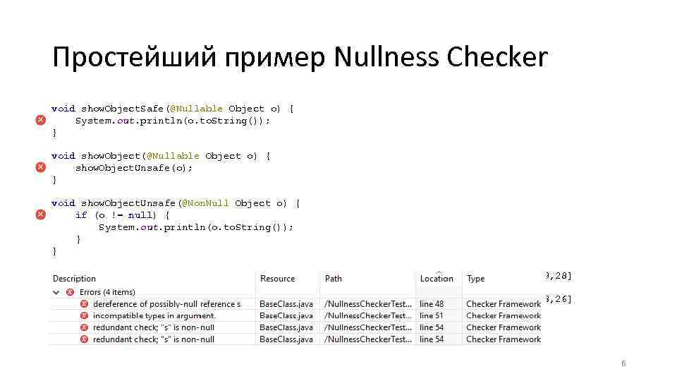 Простейший пример Nullness Checker void show. Object. Safe(@Nullable Object o) { System. out. println(o.