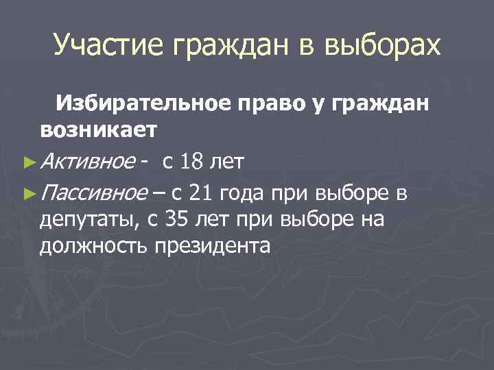 Участие граждан в выборах Избирательное право у граждан возникает ► Активное - с 18