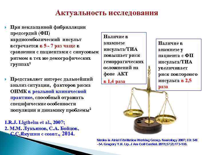 Актуальность исследования При неклапанной фибрилляции предсердий (ФП) кардиоэмболический инсульт встречается в 5 - 7