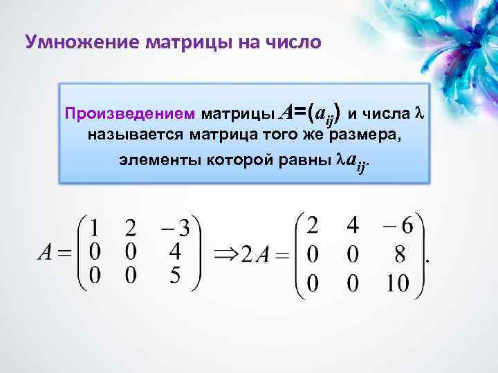 Умножение матрицы на число Произведением матрицы A=(aij) и числа называется матрица того же размера,