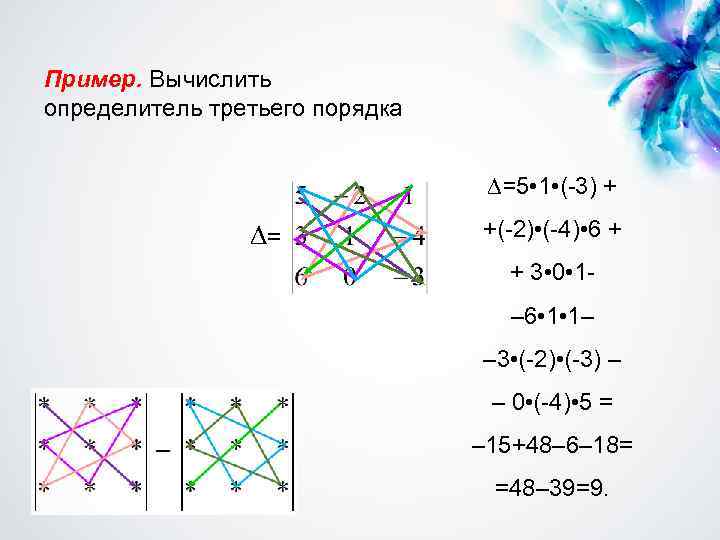 Пример. Вычислить определитель третьего порядка =5 • 1 • (-3) + = +(-2) •