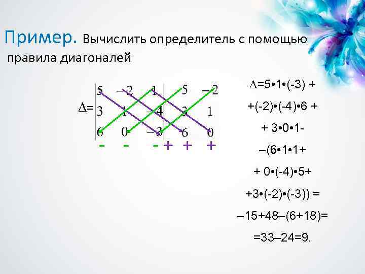 Пример. Вычислить определитель с помощью правила диагоналей =5 • 1 • (-3) + =