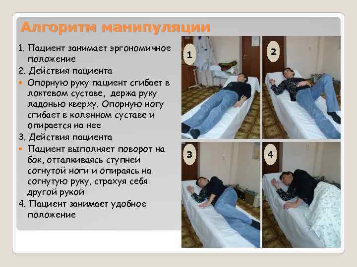 Алгоритм манипуляции 1. Пациент занимает эргономичное положение 2. Действия пациента Опорную руку пациент сгибает