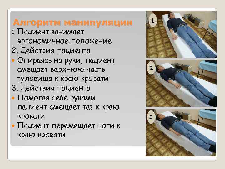 Алгоритм манипуляции занимает эргономичное положение 2. Действия пациента Опираясь на руки, пациент смещает верхнюю