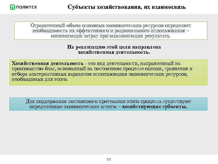 Субъекты хозяйствования, их взаимосвязь Ограниченный объем основных экономических ресурсов определяет необходимость их эффективного и