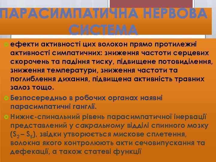  ефекти активності цих волокон прямо протилежні активності симпатичних: зниження частоти серцевих скорочень та